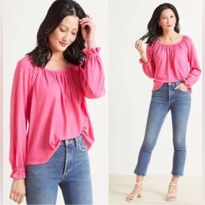 Sundry Gathered Raglan Long Sleeve Top Peasant Style Hot Pink Size 2 Medium